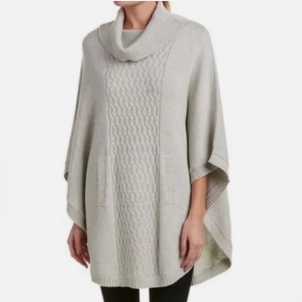 CABI Sz M Cowl Neck Poncho Gray Cable Knit Sweater Big Pocket Warm Cozy 3003